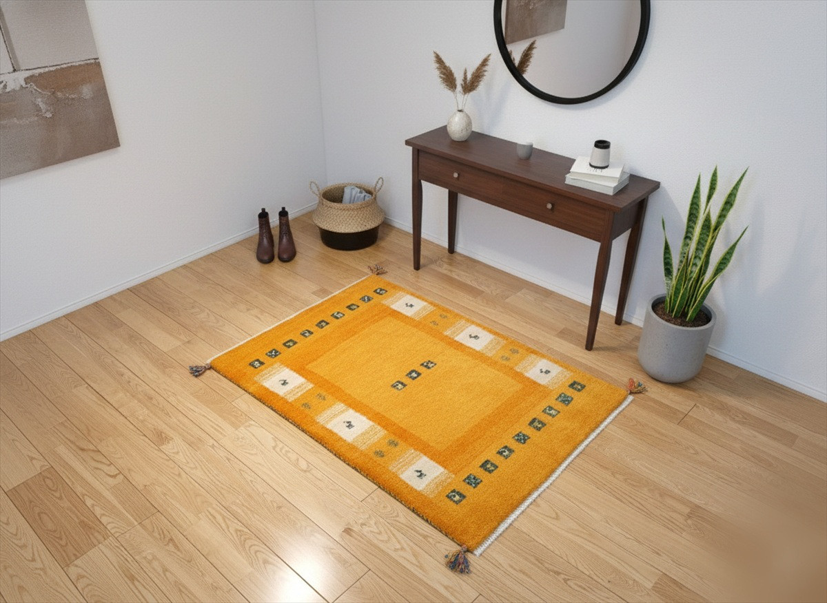 ペルシャ　ギャッベ　マット大　ラグ　117x78cm　黄金色　RJ4628