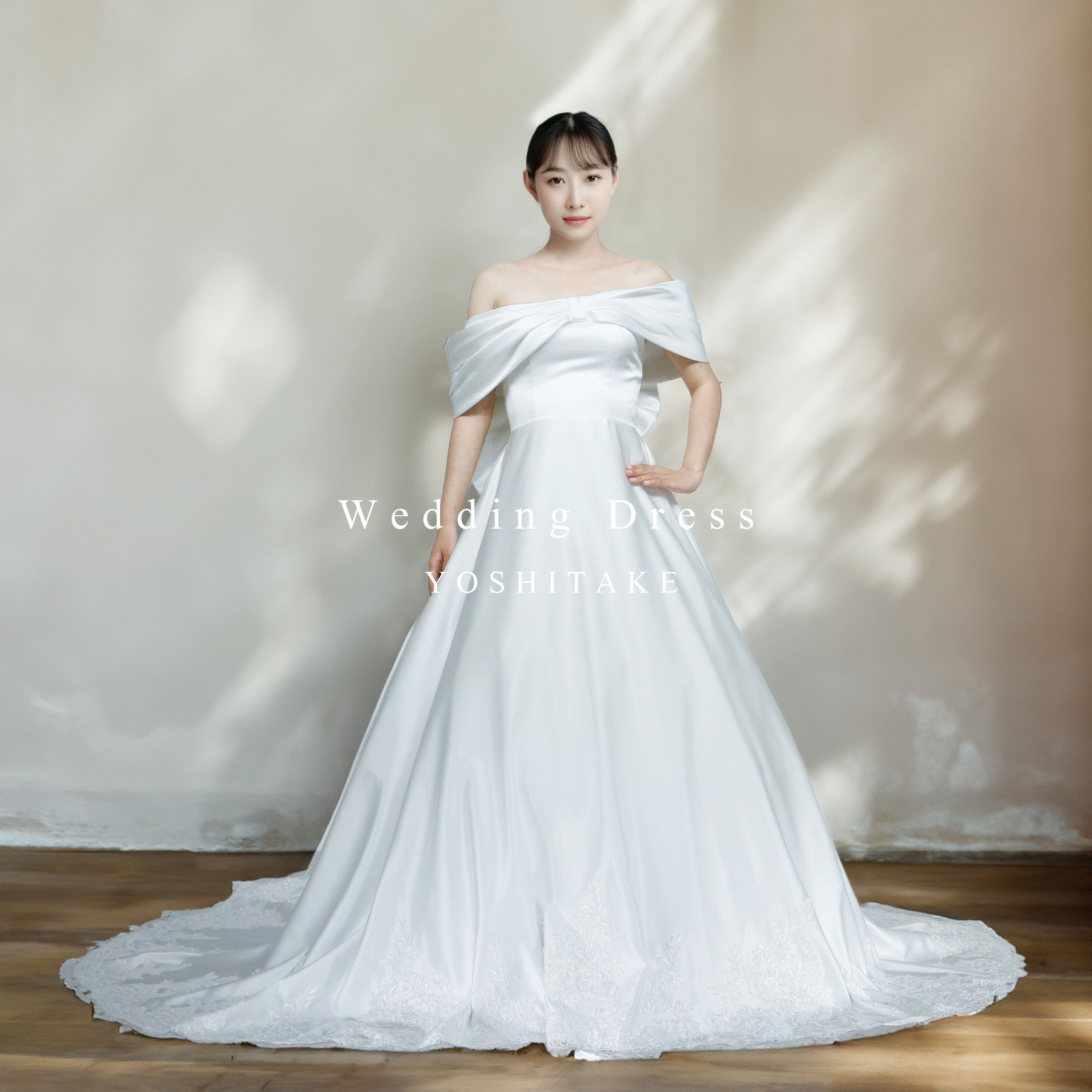 ウエディングドレス.白.レース.オフショルダー.Aライン.リボン.Y2768