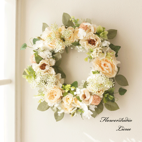 【Creema限定】白グリーンのリース　ピオニーとアネモネとレースフラワーのリース♡アーティフィッシャルフラワー使用