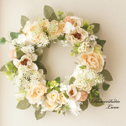 フラワー・リース oj Creema限定】白グリーンのリース ピオニーとアネモネとレースフラワー