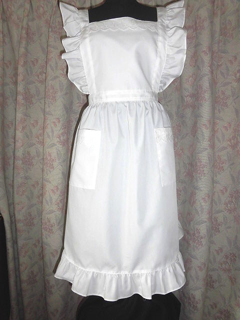 大人用フリルエプロン／オフ白・裾丸・レース・全フリル【e32272】