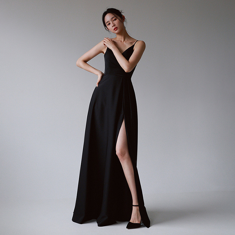 高級感 黒 サテン パーティードレス シンプル 韓国風 花嫁 パーティー 誕生日 二次会 披露宴 前撮り HL1237