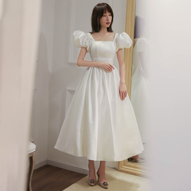 高級感 白 サテン パフスリーブ ウェディングドレス シンプル プリンセス 花嫁 二次会 披露宴 前撮り HL1238