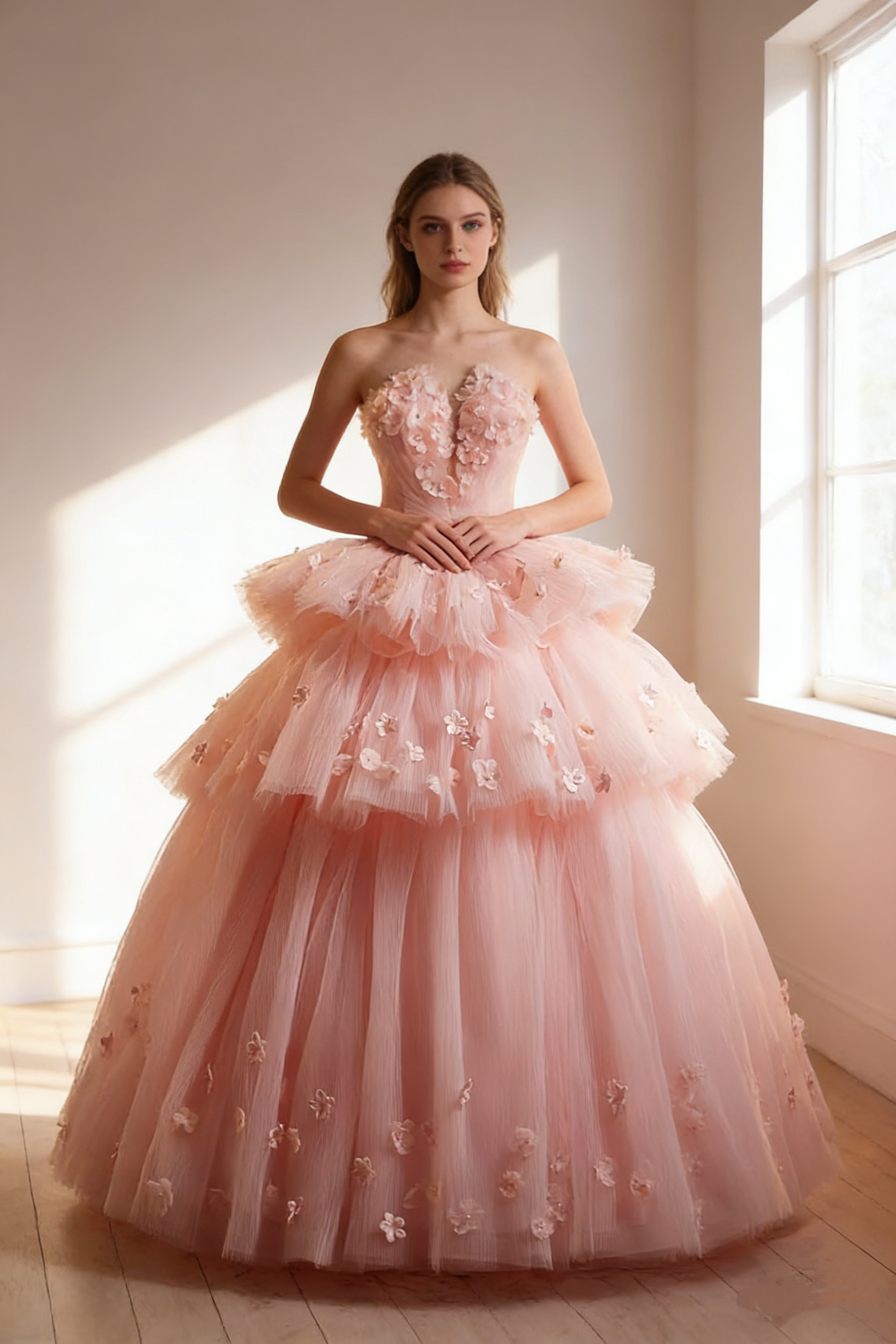 送料無料！カラードレス ベアトップ ピンク 花モチーフ フレアスカート ティアードのドレス ロング 結婚式