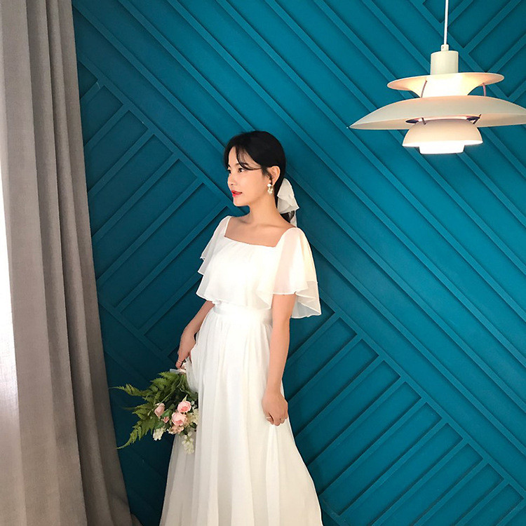 高級感 白 オフショルダー ウェディングドレス シンプル 韓国風 花嫁 パーティー 披露宴 前撮り HL1244