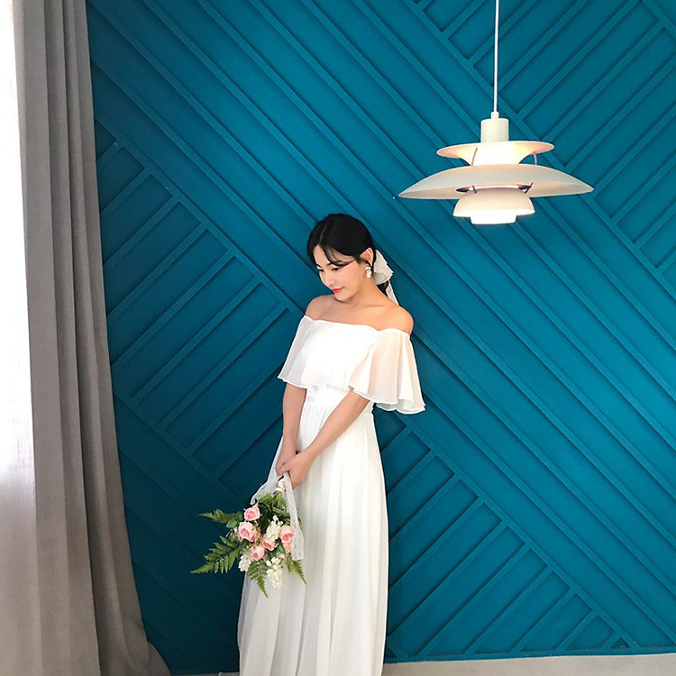 高級感 白 オフショルダー ウェディングドレス シンプル 韓国風 花嫁 パーティー 披露宴 前撮り HL1244