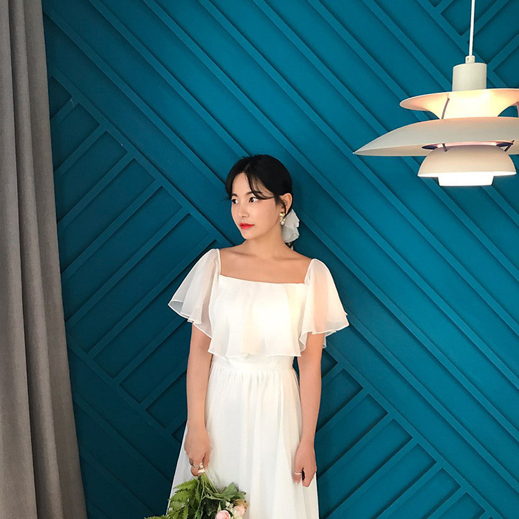 高級感 白 オフショルダー ウェディングドレス シンプル 韓国風 花嫁 パーティー 披露宴 前撮り HL1244