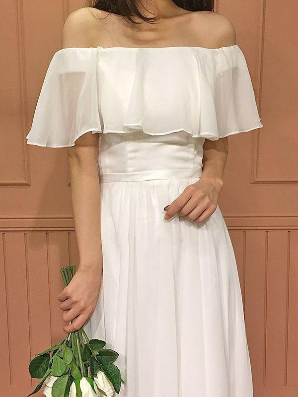 高級感 白 オフショルダー ウェディングドレス シンプル 韓国風 花嫁 パーティー 披露宴 前撮り HL1244