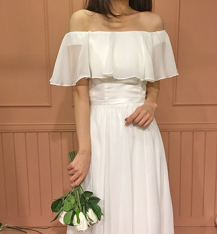 高級感 白 オフショルダー ウェディングドレス シンプル 韓国風 花嫁 パーティー 披露宴 前撮り HL1244