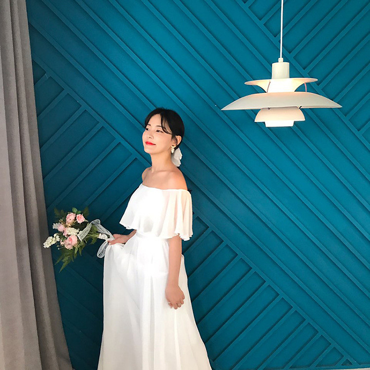 高級感 白 オフショルダー ウェディングドレス シンプル 韓国風 花嫁 パーティー 披露宴 前撮り HL1244