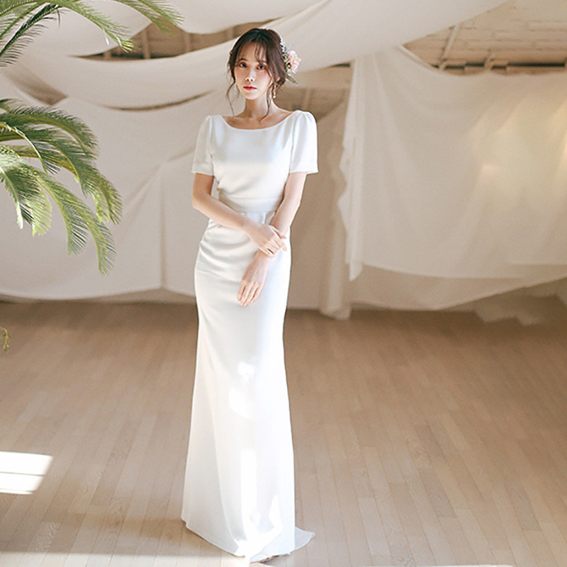 高級感 白 サテン 半袖 パーティードレス シンプル 韓国風 花嫁 誕生日 二次会 披露宴 前撮り HL1247