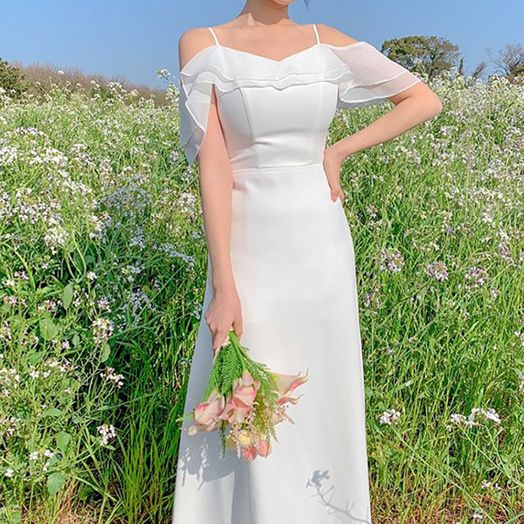 高級感 白 スリム ウェディングドレス シンプル 韓国風 花嫁 パーティー 誕生日 二次会 披露宴 前撮り HL1248