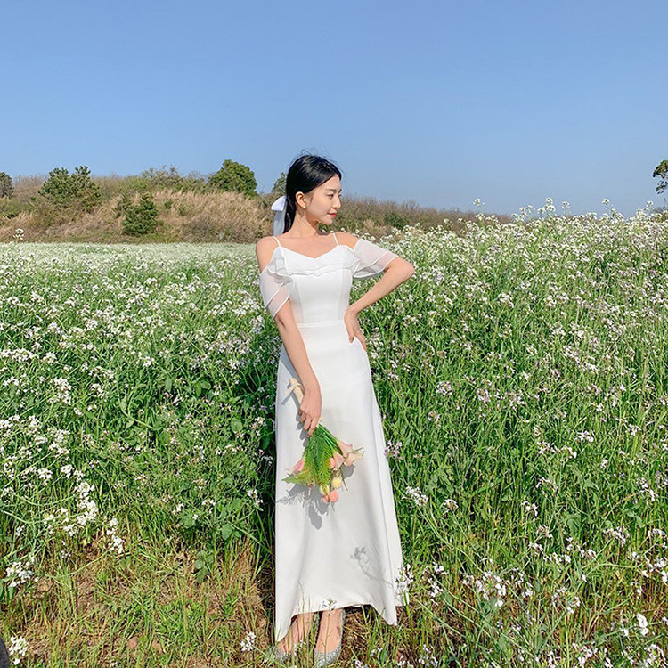 高級感 白 スリム ウェディングドレス シンプル 韓国風 花嫁 パーティー 誕生日 二次会 披露宴 前撮り HL1248