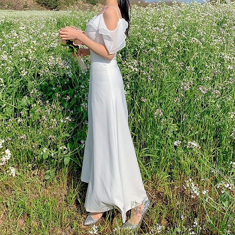 高級感 白 スリム ウェディングドレス シンプル 韓国風 花嫁 パーティー 誕生日 二次会 披露宴 前撮り HL1248