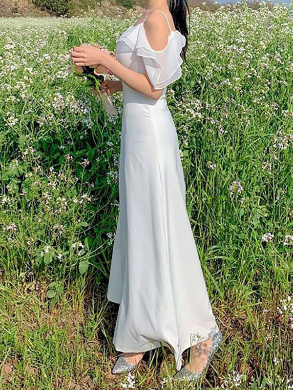 高級感 白 スリム ウェディングドレス シンプル 韓国風 花嫁 パーティー 誕生日 二次会 披露宴 前撮り HL1248