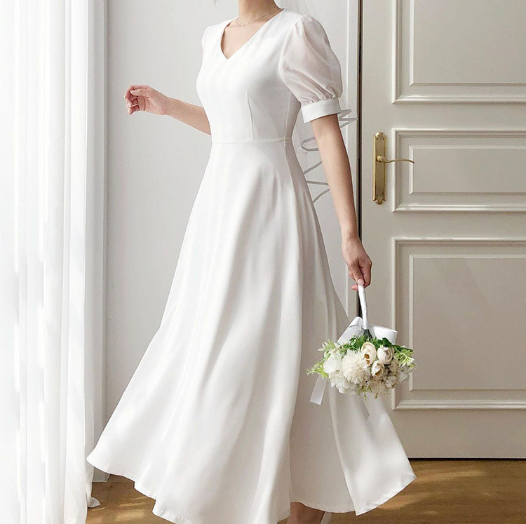 高級感 白 半袖 Vネック ウェディングドレス シンプル 韓国風 花嫁 パーティー 披露宴 前撮り HL1249