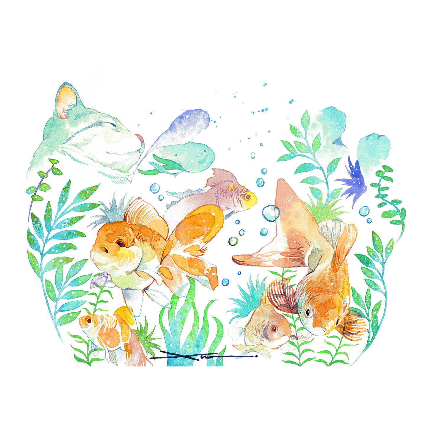 金魚鉢_水彩原画_イラスト