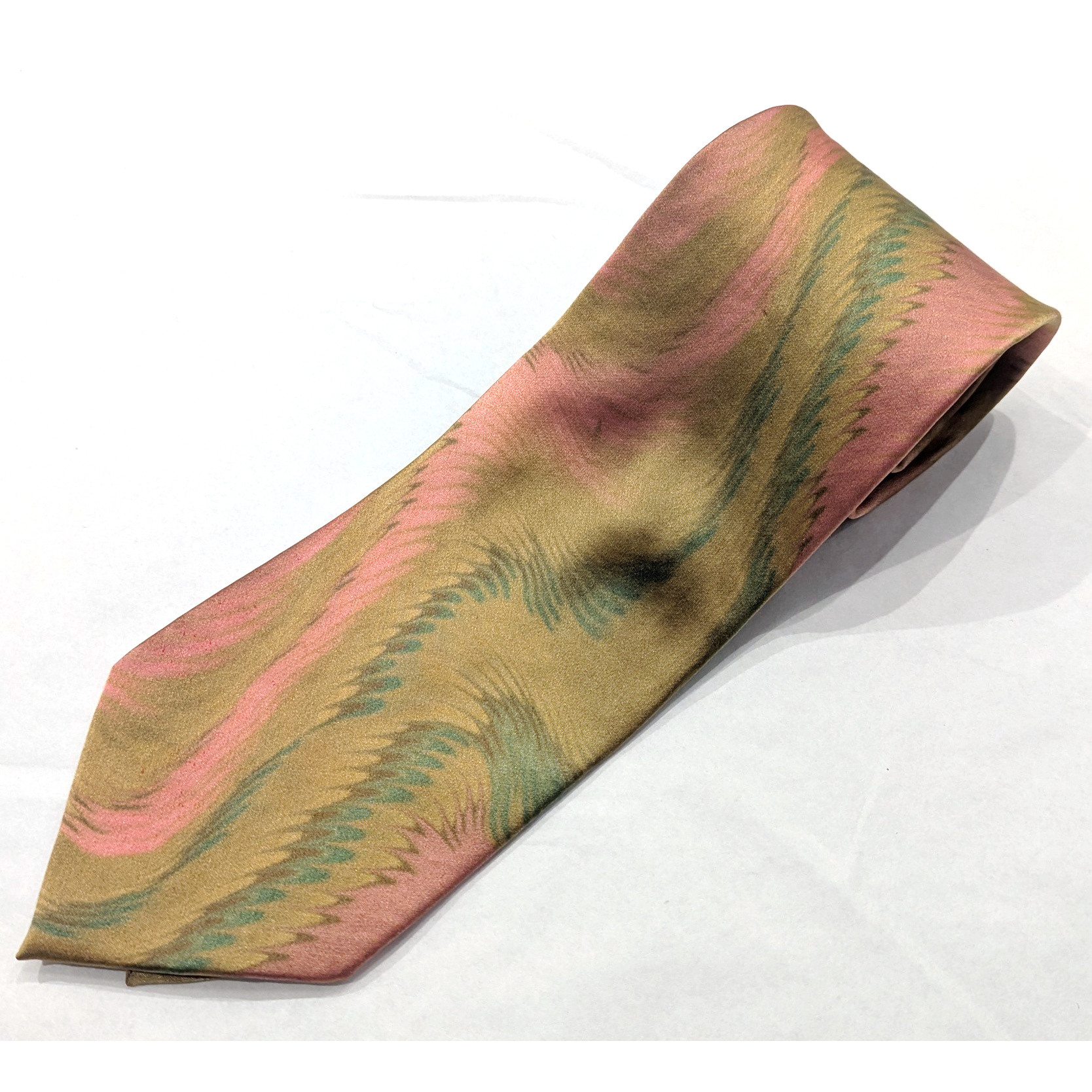 【一点物】墨流し染ネクタイ  ピンク緑線柄-NN50