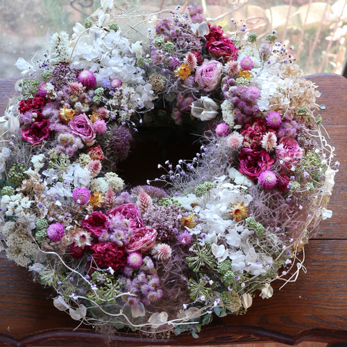 38cm) ＊特大＊白いアナベルとピエールドゥロンサールの春リース