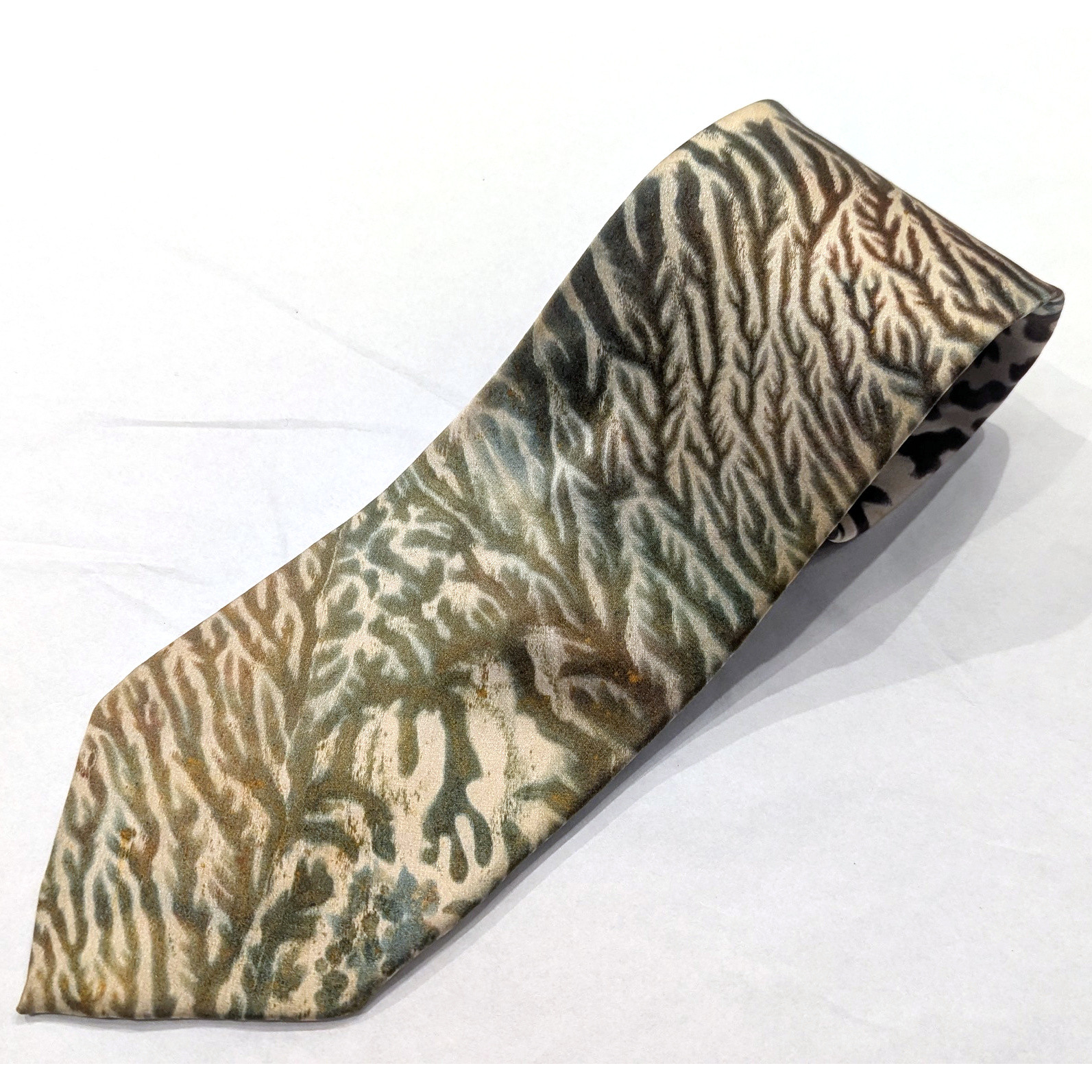 【一点物】墨流し染ネクタイ  茶緑珊瑚柄-NN55