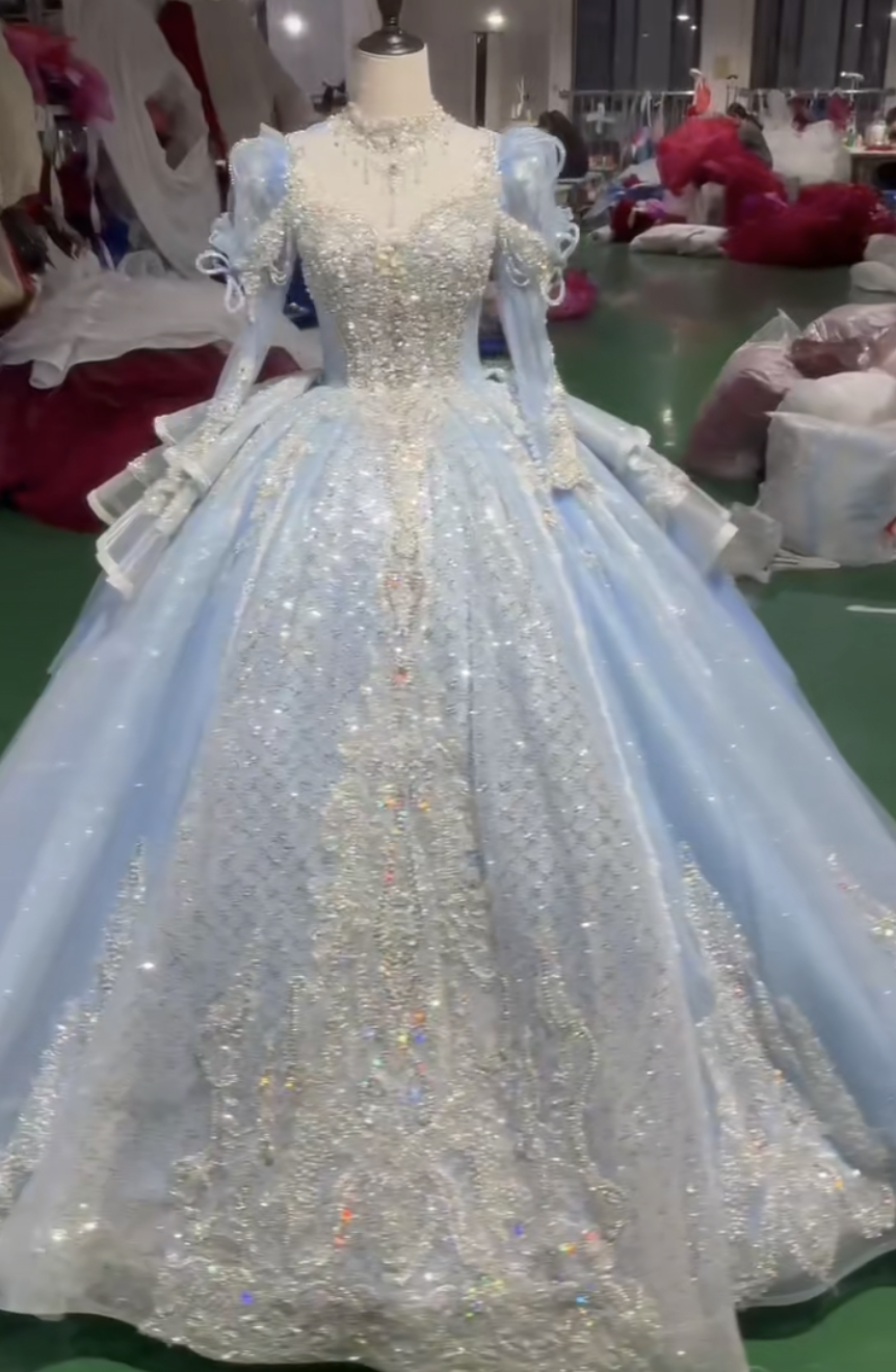 WEB限定　ブルー青系　カラードレス　編み上げ　サイズオーダー可能　長袖　ラッフルスカート　痩せて見える　チュール演奏会 44,076円