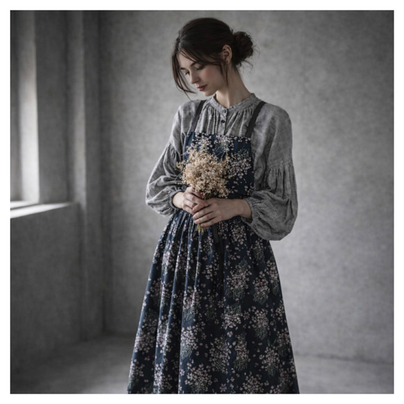 リネンエプロン】周りと差のつく！そのままお出かけ花柄コットンリネン