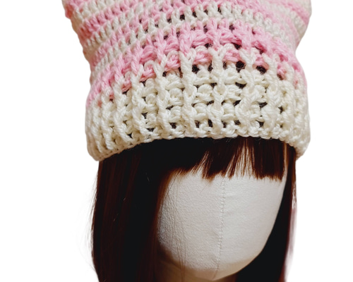 猫耳かぎ針編みニット帽 手編み かぎ針 猫好き ふわふわ ウール 大人