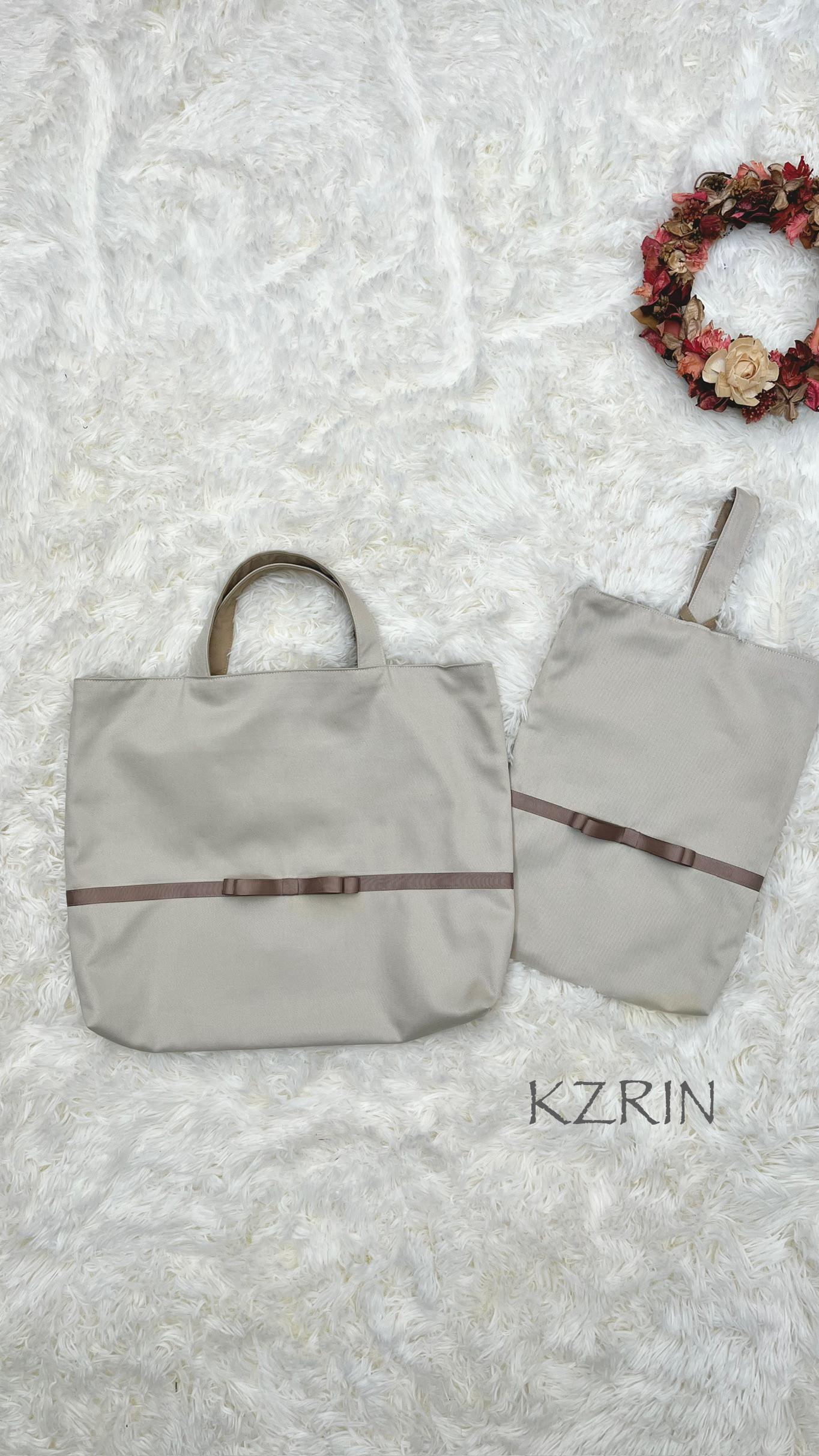 入園入学【サイズオーダー】アイボリー&ブラウンリボンのレッスンバック&上履き入れ