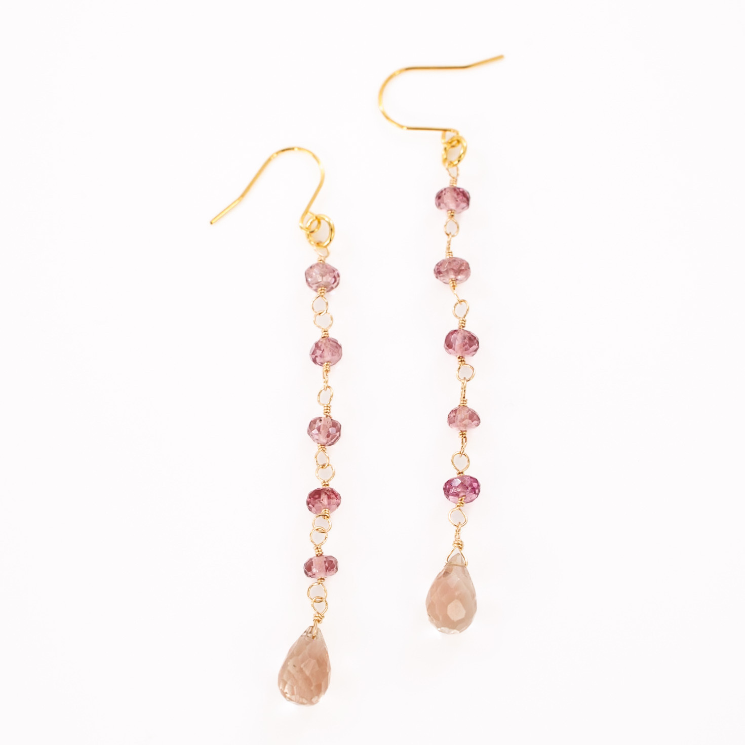 オレゴンサンストーンとマラヤガーネットのロングピアス 14kgf サージカルステンレス