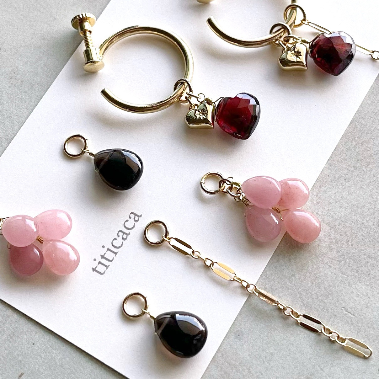 ハートシェイプガーネットとグァバクォーツ、スモーキークォーツの着せ替え【チャームセット】【14kgf】