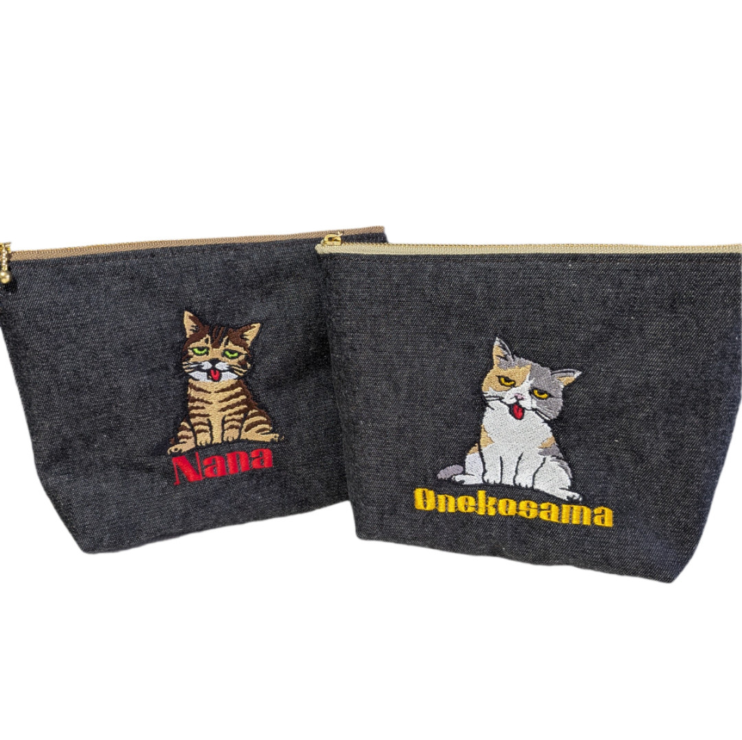 【名入れ無料】だら～んDOG 犬種セレクト刺繍ポーチ｜デニム×ナイロン｜3ポケット｜マチ5