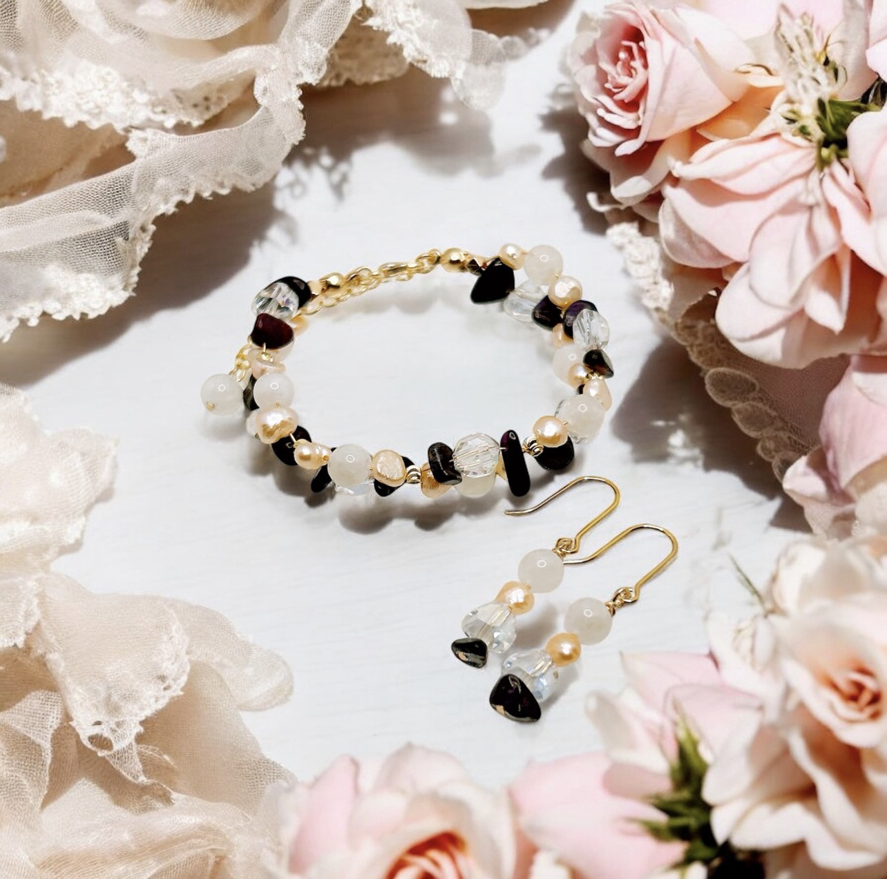 一点限定品【14kgf】ホワイトムーンストーン × スギライト × オレンジバロックパールブレスレット＆ピアスセットWT