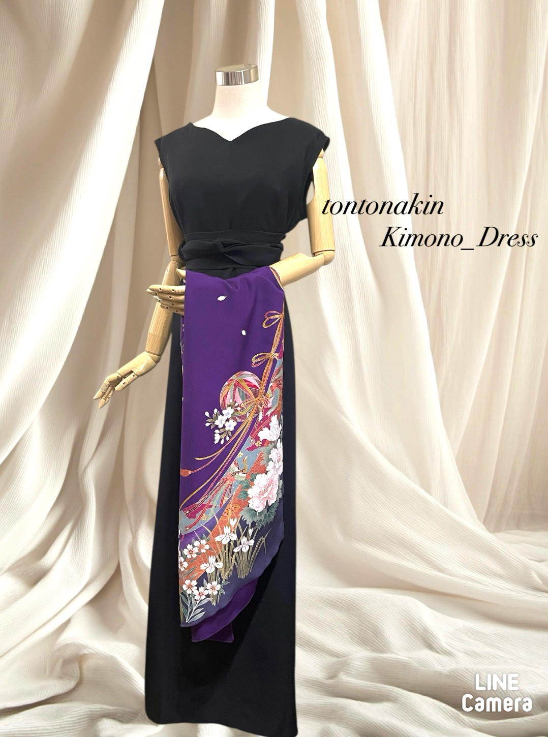 送料無料 着物 リメイク ハートシェイプドネック 黒 ロングドレス ショール 幅広い年齢層 お直し可 ハンドメイド