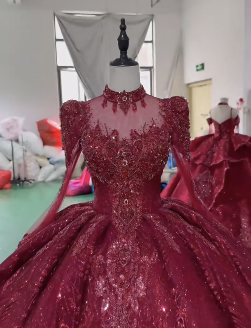 素材感を際立つ　長袖　赤系ワインレッド　上品プリンセスライン　お姫様多層チュール　サイズオーダーイベントダンスパーティー