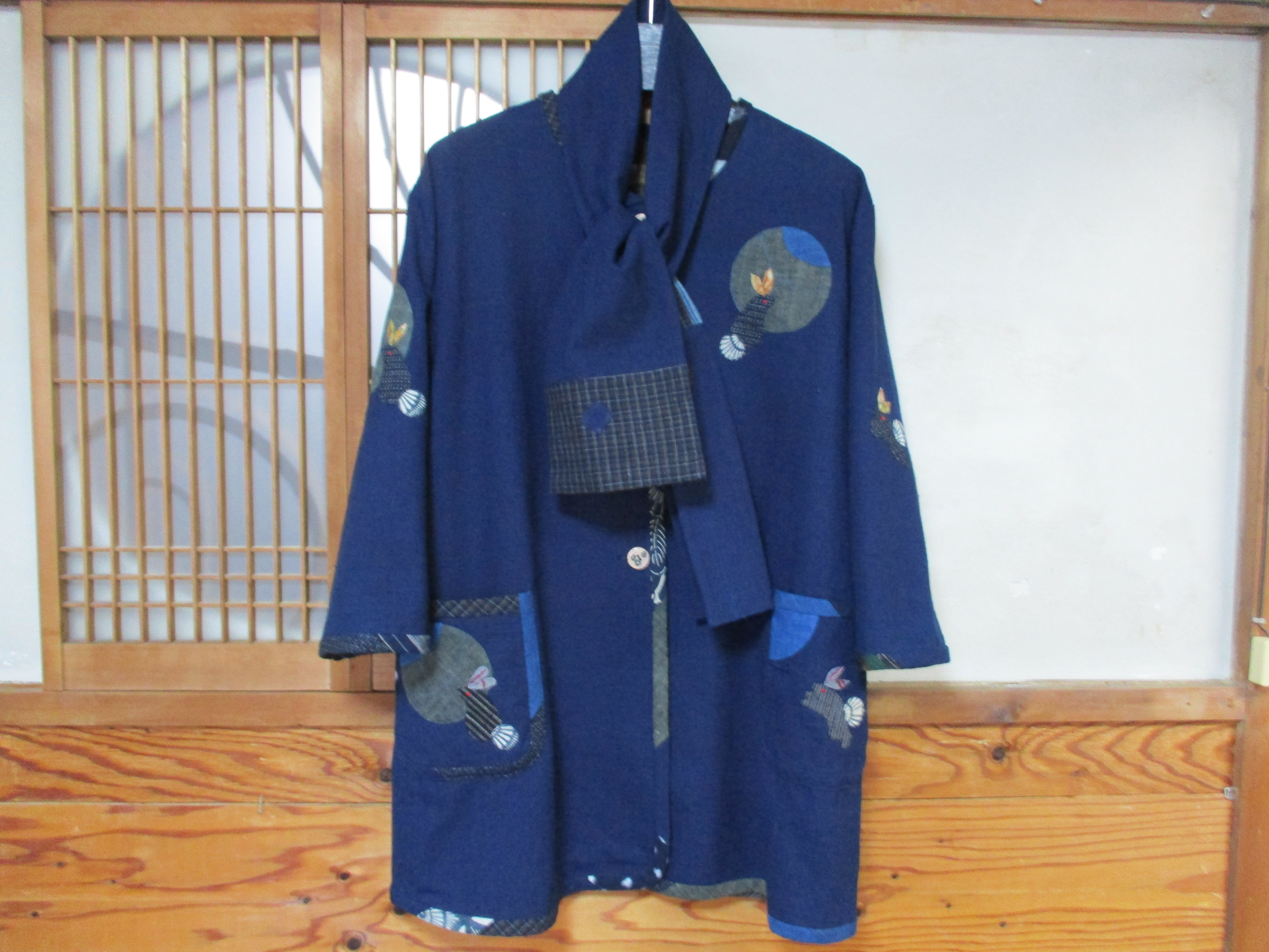 古布リメイク　マフラー付きコート