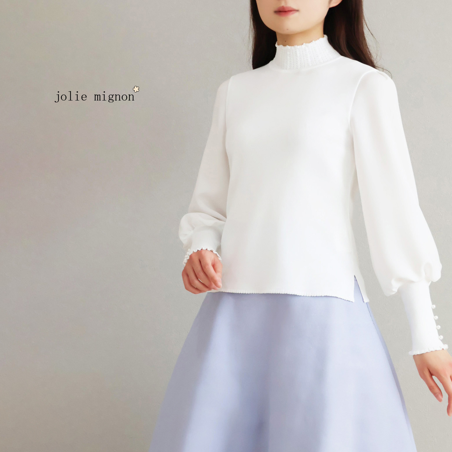 【上品ニットプルオーバー！】レース編みハイネック 異素材スリーブプルオーバー【ホワイト】 15,682円