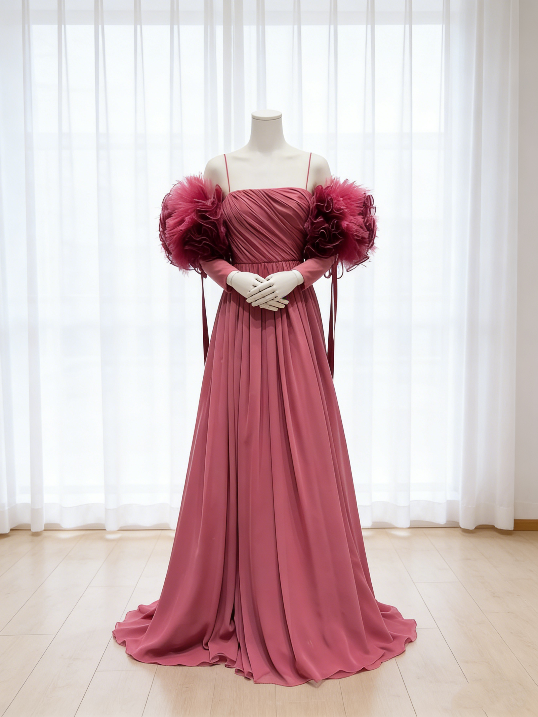 送料無料！パーティードレス ローズマダー キャミソール ふんわりシフォン 姫袖 ハンドドレープ 前撮り 二次会