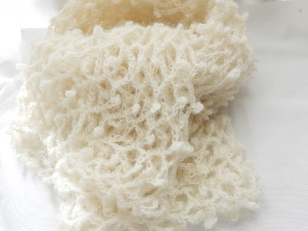 大人可愛い手編みマフラー受注製作 チクチクしないやわらか素材アルパカオフホワイト