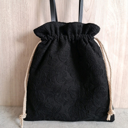 A4対応 2way 花柄レースの巾着バッグ 巾着トートバッグ 外ポケット付き