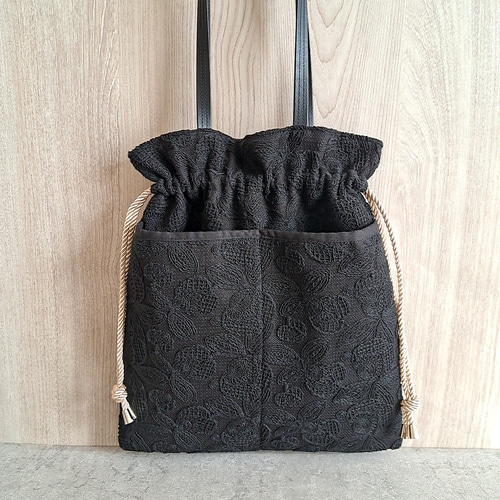 A4対応 2way 花柄レースの巾着バッグ 巾着トートバッグ 外ポケット付き