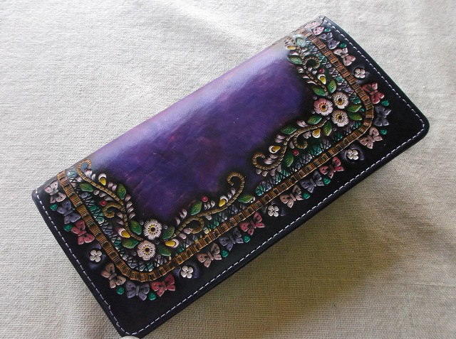 レザークラフト長財布　刻印＆拭き染め　花柄 8,470円