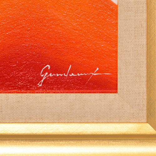 [真作][証明書付]がんどうあつし　金の背景の日の出　赤富士　2009年作　F4 ○『金の太陽の日の出赤富士』がんどうあつし絵画油絵額付タテ36.3cm本