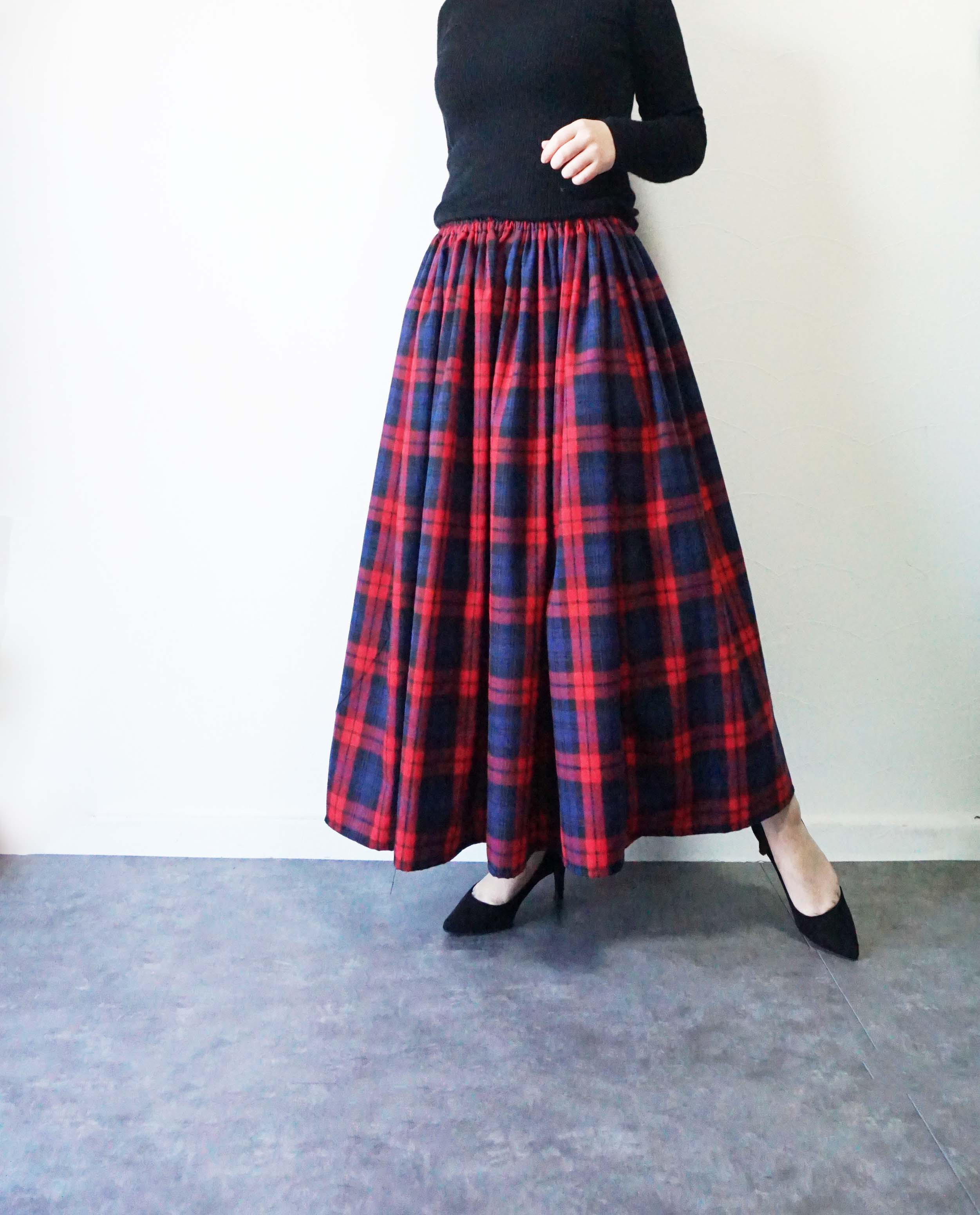 レッド×ネイビーブラックウォッチ微起毛ロングスカート　しわになりにくい