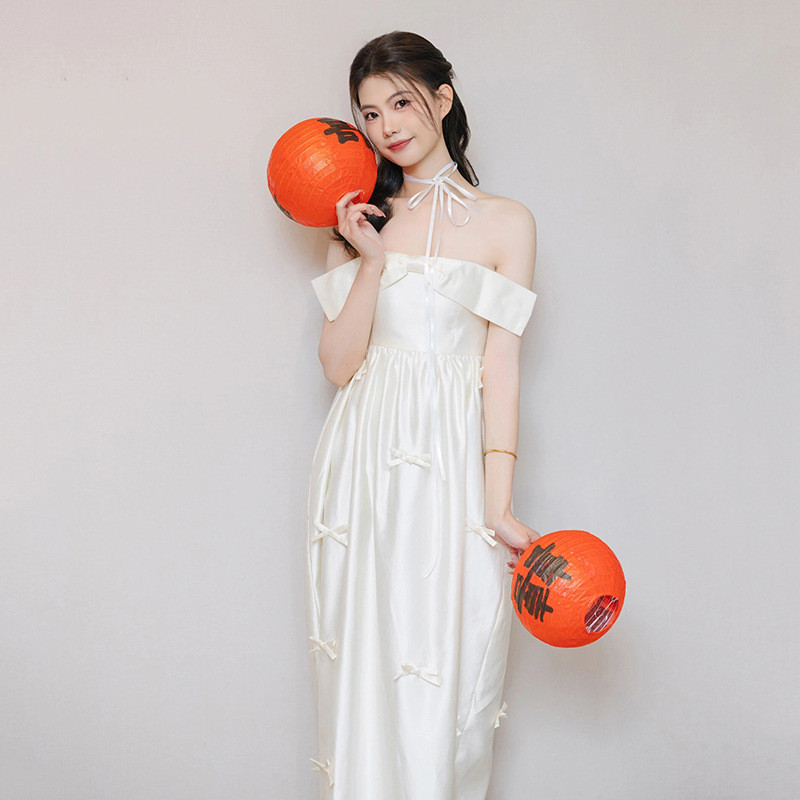 パーティードレス 白 黒 サテン リボン オフショルダー 花嫁 誕生日 披露宴 前撮り 二次会 お呼ばれ AK761