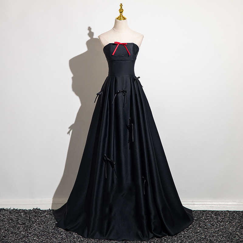 パーティードレス 黒 リボン オフショルダー シンプル 韓国風 誕生日 披露宴 前撮り 二次会 お呼ばれ AK764
