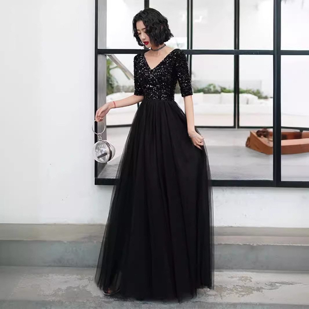 パーティードレス 黒 半袖 Vネック シンプル 韓国風 花嫁 誕生日 披露宴 前撮り 二次会 お呼ばれ AK769