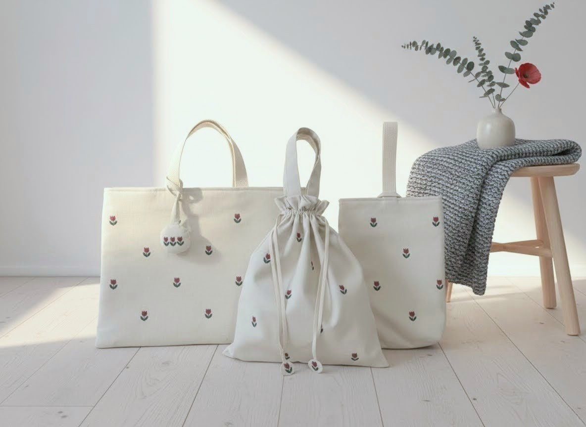 ♡♡♡刺繍が主役♡♡♡春を彩る赤いチューリップ 入園入学4点セット　/  名入れチャーム付き