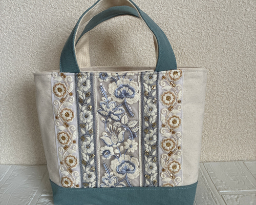 華やかインド刺繍リボントートバッグ（ヴィンテージウォッシュグレー