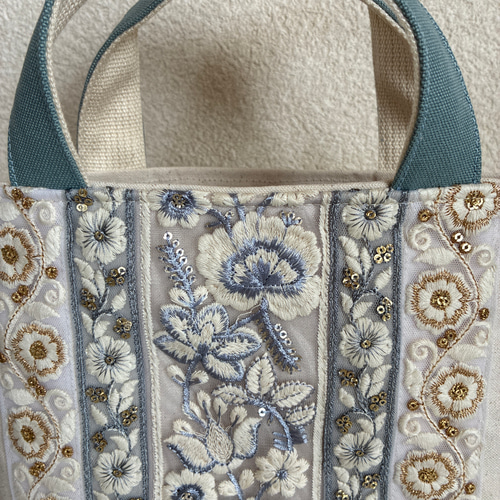 華やかインド刺繍リボントートバッグ（ヴィンテージウォッシュグレー