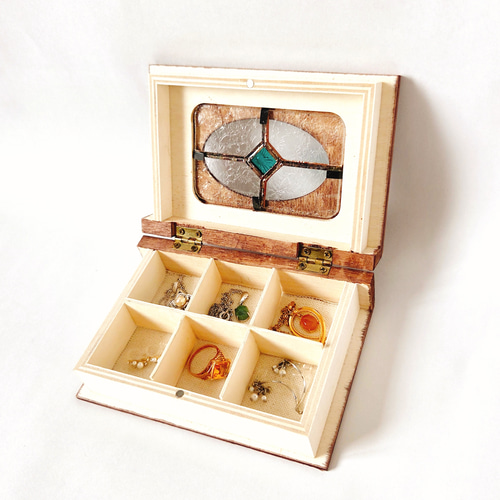 ステンドグラス ​恒星の魔導書 本型アンティーク調ガラス窓つき木箱